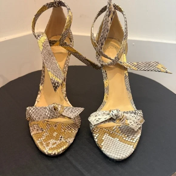 Alexandre Birman Clarita Bow Elegant Snakeskin High Heel Sandals Gold & Silver - Picture 2 of 9